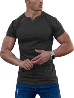 Agilelin Herren Kurzarm T Shirts,Stretch Muskelshirts,Slim Fit V-Neck Shirts,Casual Geripptes Hemd,Workout Top(Grey/S) von Agilelin