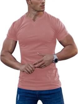 Agilelin Herren Kurzarm T Shirts,Stretch Muskelshirts,Slim Fit V-Neck Shirts,Casual Geripptes Hemd,Workout Top(Pink/M) von Agilelin