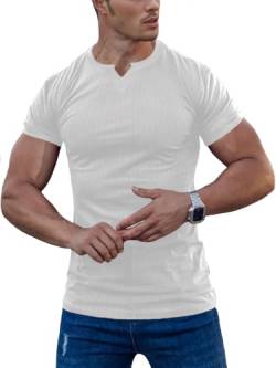 Agilelin Herren Kurzarm T Shirts,Stretch Muskelshirts,Slim Fit V-Neck Shirts,Casual Geripptes Hemd,Workout Top(White/M) von Agilelin