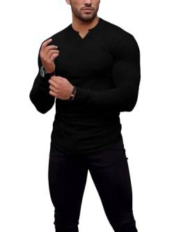 Agilelin Herren Langarm T Shirts,Stretch Muskelshirts,Slim Fit V-Neck Shirts,Casual Geripptes Hemd,Workout Top(Black/XS) von Agilelin