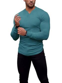 Agilelin Herren Langarm T Shirts,Stretch Muskelshirts,Slim Fit V-Neck Shirts,Casual Geripptes Hemd,Workout Top(Blue/XL) von Agilelin