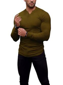 Agilelin Herren Langarm T Shirts,Stretch Muskelshirts,Slim Fit V-Neck Shirts,Casual Geripptes Hemd,Workout Top(Brown/M) von Agilelin