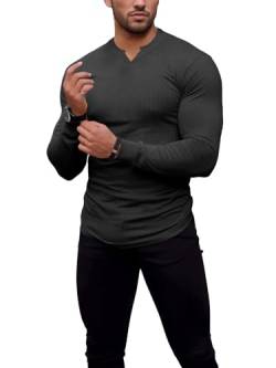 Agilelin Herren Langarm T Shirts,Stretch Muskelshirts,Slim Fit V-Neck Shirts,Casual Geripptes Hemd,Workout Top(Grey/M) von Agilelin