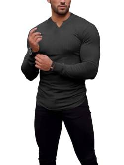 Agilelin Herren Langarm T Shirts,Stretch Muskelshirts,Slim Fit V-Neck Shirts,Casual Geripptes Hemd,Workout Top(Grey/S) von Agilelin