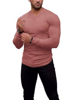 Agilelin Herren Langarm T Shirts,Stretch Muskelshirts,Slim Fit V-Neck Shirts,Casual Geripptes Hemd,Workout Top(Pink/M) von Agilelin