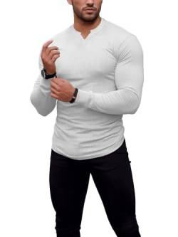 Agilelin Herren Langarm T Shirts,Stretch Muskelshirts,Slim Fit V-Neck Shirts,Casual Geripptes Hemd,Workout Top(White/XS) von Agilelin