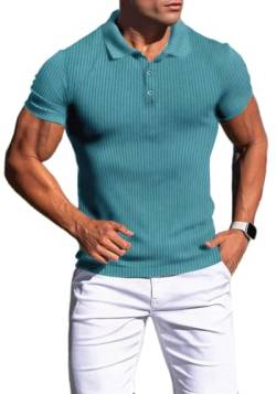 Agilelin Poloshirt Herren Kurzarm T Shirts,Herren Stretch Muskelshirts,Casual Geripptes Hemd,Workout Golf（Blau/L von Agilelin