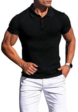 Agilelin Poloshirt Herren Kurzarm T Shirts,Herren Stretch Muskelshirts,Casual Geripptes Hemd,Workout Golf（Schwarz/M von Agilelin
