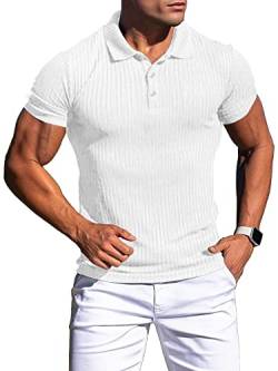 Agilelin Poloshirt Herren Kurzarm T Shirts,Herren Stretch Muskelshirts,Casual Geripptes Hemd,Workout Golf（Weiß/L von Agilelin