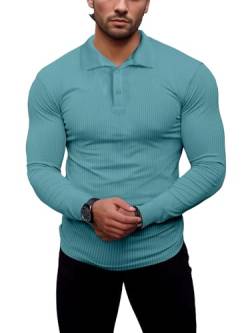 Agilelin Poloshirt Herren Langarm T Shirts,Herren Stretch Muskelshirts,Casual Geripptes Hemd,Workout Golf（Blau/L von Agilelin