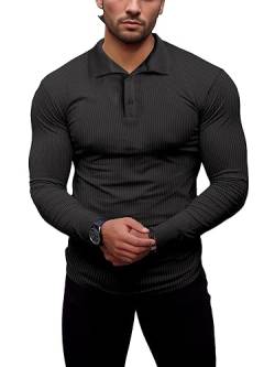 Agilelin Poloshirt Herren Langarm T Shirts,Herren Stretch Muskelshirts,Casual Geripptes Hemd,Workout Golf（Grau/L von Agilelin