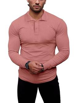 Agilelin Poloshirt Herren Langarm T Shirts,Herren Stretch Muskelshirts,Casual Geripptes Hemd,Workout Golf（Rot/L von Agilelin