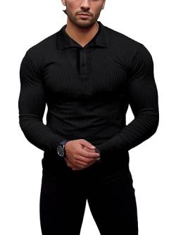 Agilelin Poloshirt Herren Langarm T Shirts,Herren Stretch Muskelshirts,Casual Geripptes Hemd,Workout Golf（Schwarz/L von Agilelin