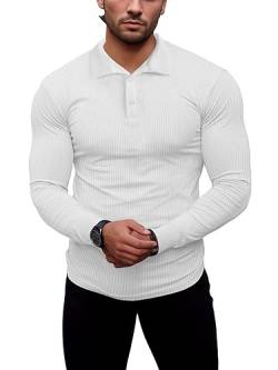 Agilelin Poloshirt Herren Langarm T Shirts,Herren Stretch Muskelshirts,Casual Geripptes Hemd,Workout Golf（Weiß/L von Agilelin