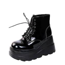 Agiyenna Damen Schnürschuh Plateau Gothic Stiefeletten Blockabsatz Punk Stiefel Flache Ankle Boots Lackleder Chunky Schuhe Biker Boots Hohe Stiefel mit Spinnennetzmuster Fledermausflügel von Agiyenna