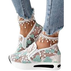 Agiyenna Damen Sneakers Leicht Atmungsaktive Ausgeschnittene Spitze Mesh Turnschuhe Mit Keilabsatz Laufschuhe rutschfest Turnschuhe Mit Blumenstickerei Schnürschuhe Sommer Schuhe von Agiyenna