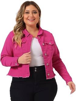 Agnes Orinda Damen-Jeansjacke, Übergröße, klassisch, verwaschene Vorderseite, ausgefranst, Knallpink (Hot Pink), 1X von Agnes Orinda