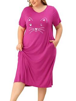 Agnes Orinda Damen-Nachtwäsche, Nachthemd, niedlicher Katzendruck mit Taschen, Schlafkleid, Nachthemden Fuchsie 3X von Agnes Orinda