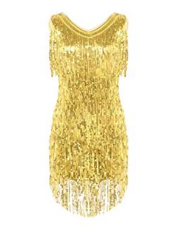 Agoky Damen Ärmellos Pailletten Kleid V-Ausschnitt Glitzer Quasten Partykleid Flapper Kostüm Tanzkleid Samba Tango Latein Outfits Gold L von Agoky