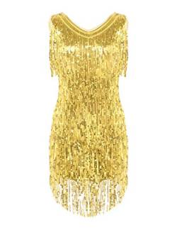 Agoky Damen Ärmellos Pailletten Kleid V-Ausschnitt Glitzer Quasten Partykleid Flapper Kostüm Tanzkleid Samba Tango Latein Outfits Gold XXL von Agoky