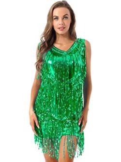 Agoky Damen Ärmellos Pailletten Kleid V-Ausschnitt Glitzer Quasten Partykleid Flapper Kostüm Tanzkleid Samba Tango Latein Outfits Grün XXL von Agoky