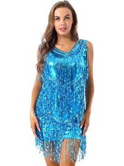 Agoky Damen Ärmellos Pailletten Kleid V-Ausschnitt Glitzer Quasten Partykleid Flapper Kostüm Tanzkleid Samba Tango Latein Outfits Himmelblau L von Agoky