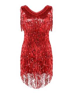 Agoky Damen Ärmellos Pailletten Kleid V-Ausschnitt Glitzer Quasten Partykleid Flapper Kostüm Tanzkleid Samba Tango Latein Outfits Rot XL von Agoky