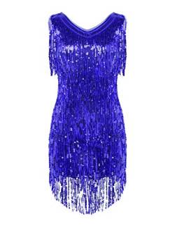 Agoky Damen Ärmellos Pailletten Kleid V-Ausschnitt Glitzer Quasten Partykleid Flapper Kostüm Tanzkleid Samba Tango Latein Outfits Royal Blau L von Agoky