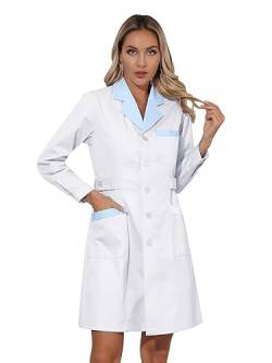 Agoky Damen Arztkittel Berufsmantel Laborkittel Arztin Uniform Medizin mit Knöpfe und Taschen Kurzarm Kleid Klinik Krankenhaus Berufskleidung Weiß C S von Agoky