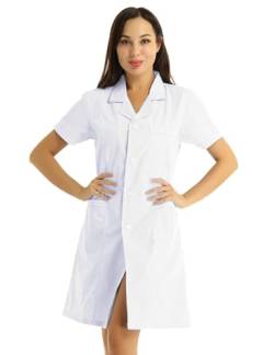 Agoky Damen Arztkittel Berufsmantel Laborkittel Arztin Uniform Medizin mit Knöpfe und Taschen Kurzarm Kleid Klinik Krankenhaus Berufskleidung Weiß M von Agoky