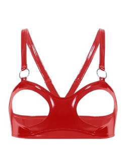 Agoky Damen Bügelloser BH Wetlook Bra Nippelfrei Bustier Top ohne Cups mit Zipper Sexy Nachtwäsche Clubwear Rot C M von Agoky