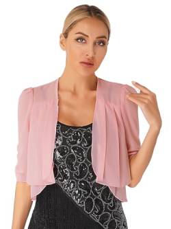 Agoky Damen Eleganter Bolero Festlich Spitzen/Chiffon Jacke Transparent Schulterjacke Kurzes Jäckchen in Schwarz Weiß Rosa I XL von Agoky