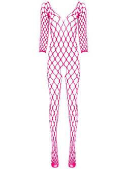 Agoky Damen Fishnet Bodysuit Durchsichtig Ganzkörper Jumpsuit Overalls mit Netzstrumpfhose Ouvert Pantyhose Reizvolle Nachtwäsche Hot Pink Grob Einheitsgröße von Agoky