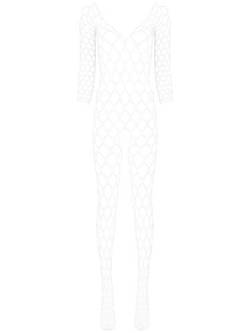 Agoky Damen Fishnet Bodysuit Durchsichtig Ganzkörper Jumpsuit Overalls mit Netzstrumpfhose Ouvert Pantyhose Reizvolle Nachtwäsche Weiß Grob Einheitsgröße von Agoky