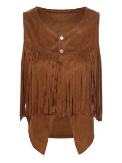 Agoky Damen Hippie Weste Ärmellos Wildleder Weste mit Fransen Unregelmäßig Gilet Übergangsweste Vintage Retro Oberbekleidung Outwear Braun S von Agoky