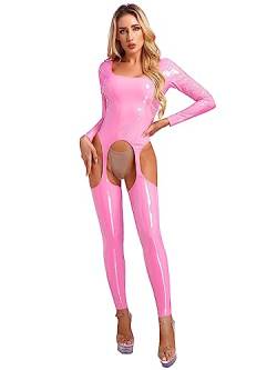 Agoky Damen Kunstleder Jumpsuit Overalls Slim Fit Ouvert Ganzkörperanzug Wetlook Body Offener Schritt mit Hosenträger Halterlose Strümpfe Clubwear Rosa 4XL von Agoky