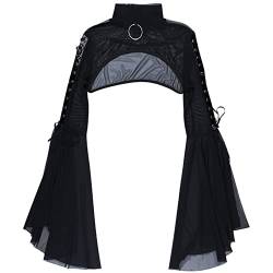 Agoky Damen Mesh Rollkragen Crop Top Langarm Glockenärmel Shirt mit Schnürung Tunika Extrem Kurz Oberteile Gothic Punk Outfits Schwarz M von Agoky