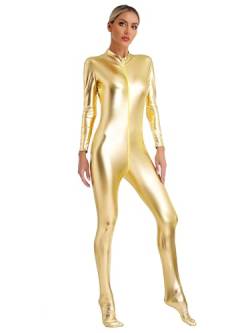 Agoky Damen Metallic Body Langarm Ganzkörperanzug Slim Fit Jumpsuit Overall mit Reisverschluss Skinny Fit Romper Playsuit Disco Clubwear Gold A L von Agoky