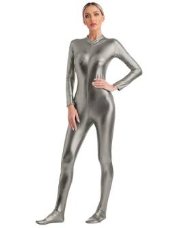 Agoky Damen Metallic Body Langarm Ganzkörperanzug Slim Fit Jumpsuit Overall mit Reisverschluss Skinny Fit Romper Playsuit Disco Clubwear Grau A S von Agoky