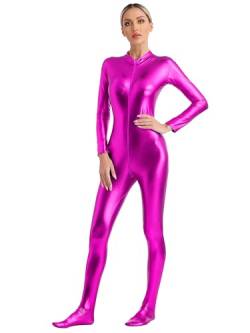 Agoky Damen Metallic Body Langarm Ganzkörperanzug Slim Fit Jumpsuit Overall mit Reisverschluss Skinny Fit Romper Playsuit Disco Clubwear Hot Pink A M von Agoky