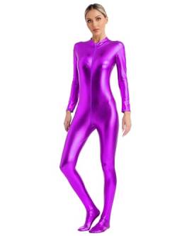 Agoky Damen Metallic Body Langarm Ganzkörperanzug Slim Fit Jumpsuit Overall mit Reisverschluss Skinny Fit Romper Playsuit Disco Clubwear Violett A M von Agoky