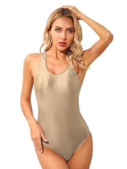 Agoky Damen Metallic Body ohne Arm Top Shirt Hoch geschnitten Stringbody wetlook Einteiler Kostüm Lederoptik Leotard Trikot M L XL Kaffee J XL von Agoky