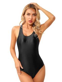 Agoky Damen Metallic Body ohne Arm Top Shirt Hoch geschnitten Stringbody wetlook Einteiler Kostüm Lederoptik Leotard Trikot M L XL Schwarz J XL von Agoky