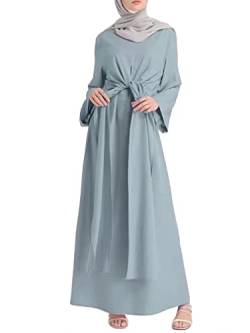 Agoky Damen Muslimische Kleider Kaftan Arab Jilbab Abaya Langarm Freizeitkleid Winterkleid mit Hose Casual Bekleidungsset Streetwear Blau C S von Agoky