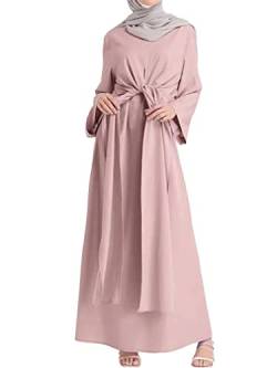 Agoky Damen Muslimische Kleider Kaftan Arab Jilbab Abaya Langarm Freizeitkleid Winterkleid mit Hose Casual Bekleidungsset Streetwear Rosa C S von Agoky