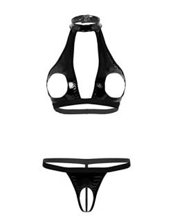 Agoky Damen Neckholder Bikini Sets Wetlook Dessous Set Brustfreier BH Top und Ouvert-Slip T-Back Tanga Erotische Reizwäsche Schwarz A 3XL von Agoky