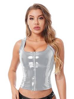 Agoky Damen Neckholder Top Lack Leder Slim Fit T-Shirt Frauen sexy Bluse Weste mit Stehkragen Reisverschluss Steampunk Oberteile Outfit Clubwear Silber D L von Agoky