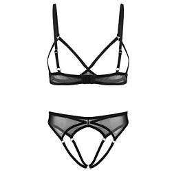 Agoky Damen Ouvert Dessous Set Durchsichtig Mesh BH Offene Cups Offener Schritt Slip Sexy Unterwäsche Party Clubwear Schwarz D 3XL von Agoky