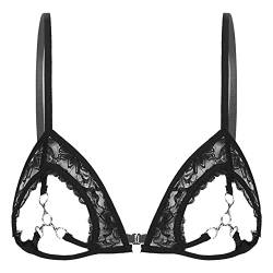 Agoky Damen Sexy BH Spitzen/Leder Bra Erotische Dessous Ouvert Cups Offene Brüste Bikini Oberteil Tops mit Öffnung am Nippel Schwarz Mit Kette M von Agoky