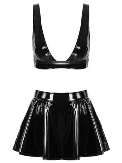 Agoky Damen Sexy Lack Leder BH und Minirock High Waist A-Linie Faltenrock Reizwäsche Disco Raver Tanz Kostüm Clubwear S-4XL Schwarz XL von Agoky